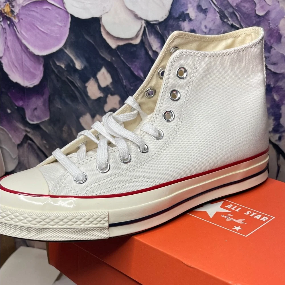 Converse High Top Sneaker in White with Red & Navy Accents - Picture 6 of 9